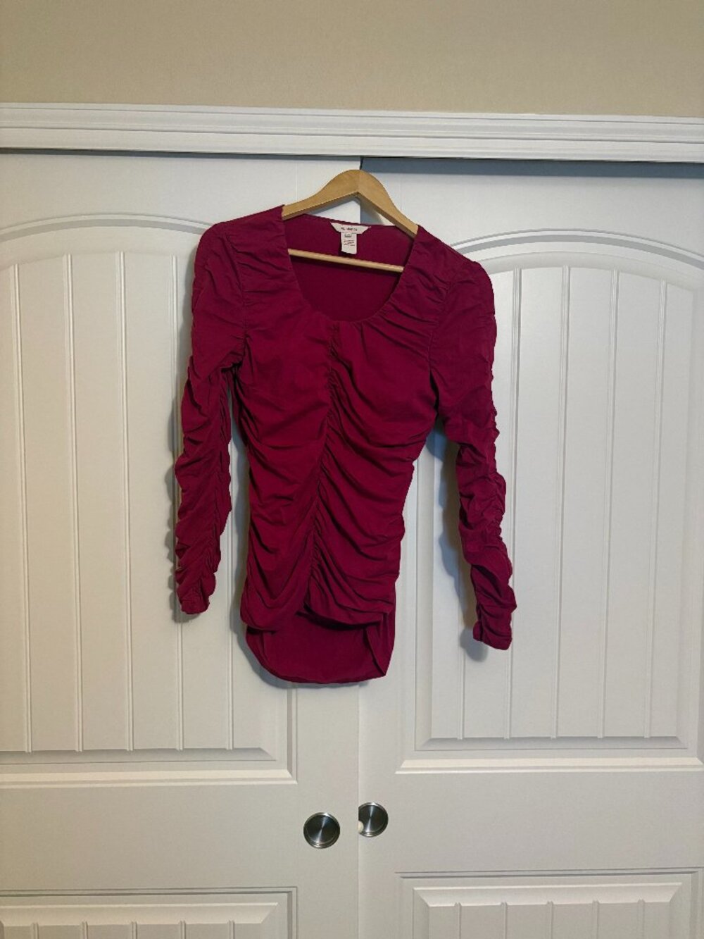 Sundance Ruched Blouse Small Raspberry Dark Pink Long Sleeve Cotton Blend Fitted